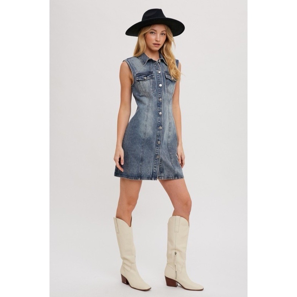 Blueivy Women's Blue Jean Denim Button Down Sleeveless Festival Dress Sz Small - Picture 4 of 4